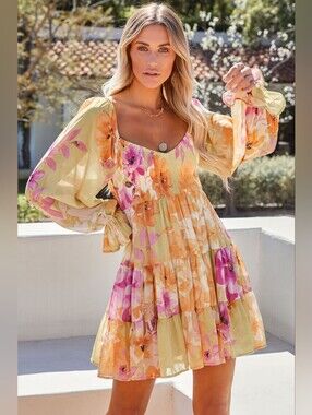 LAST ONE! Square Neck Yellow Floral Mini Dress With Flutter Sleeves NWT